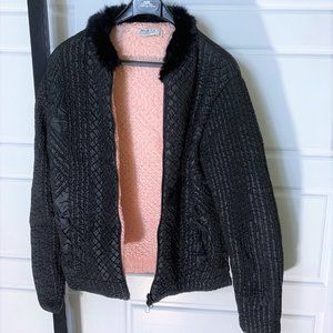 Moffi International reversible popcorn silky jacket with real fur collar sz S